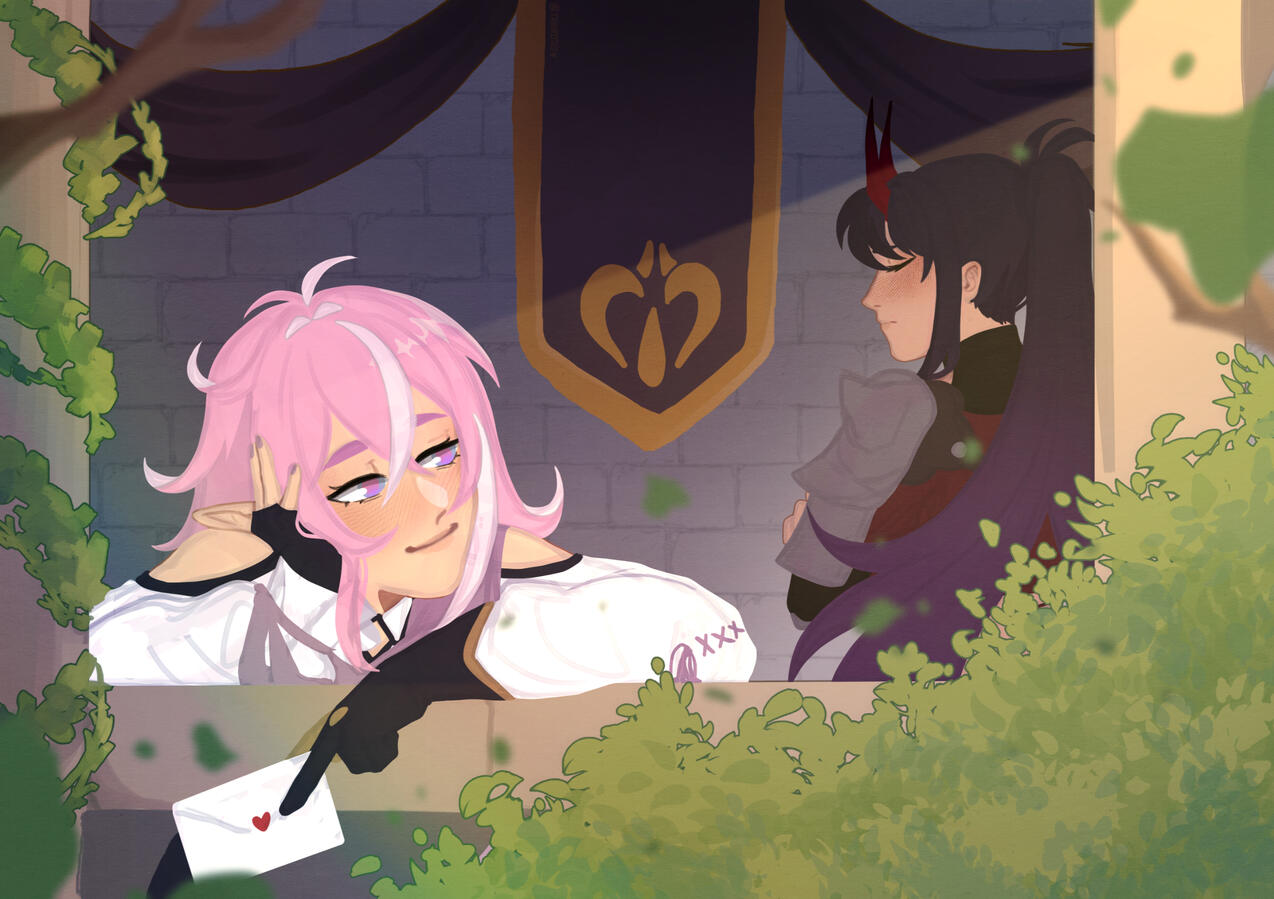 My original characters Amara (pink hair) and Yami (purple hair).