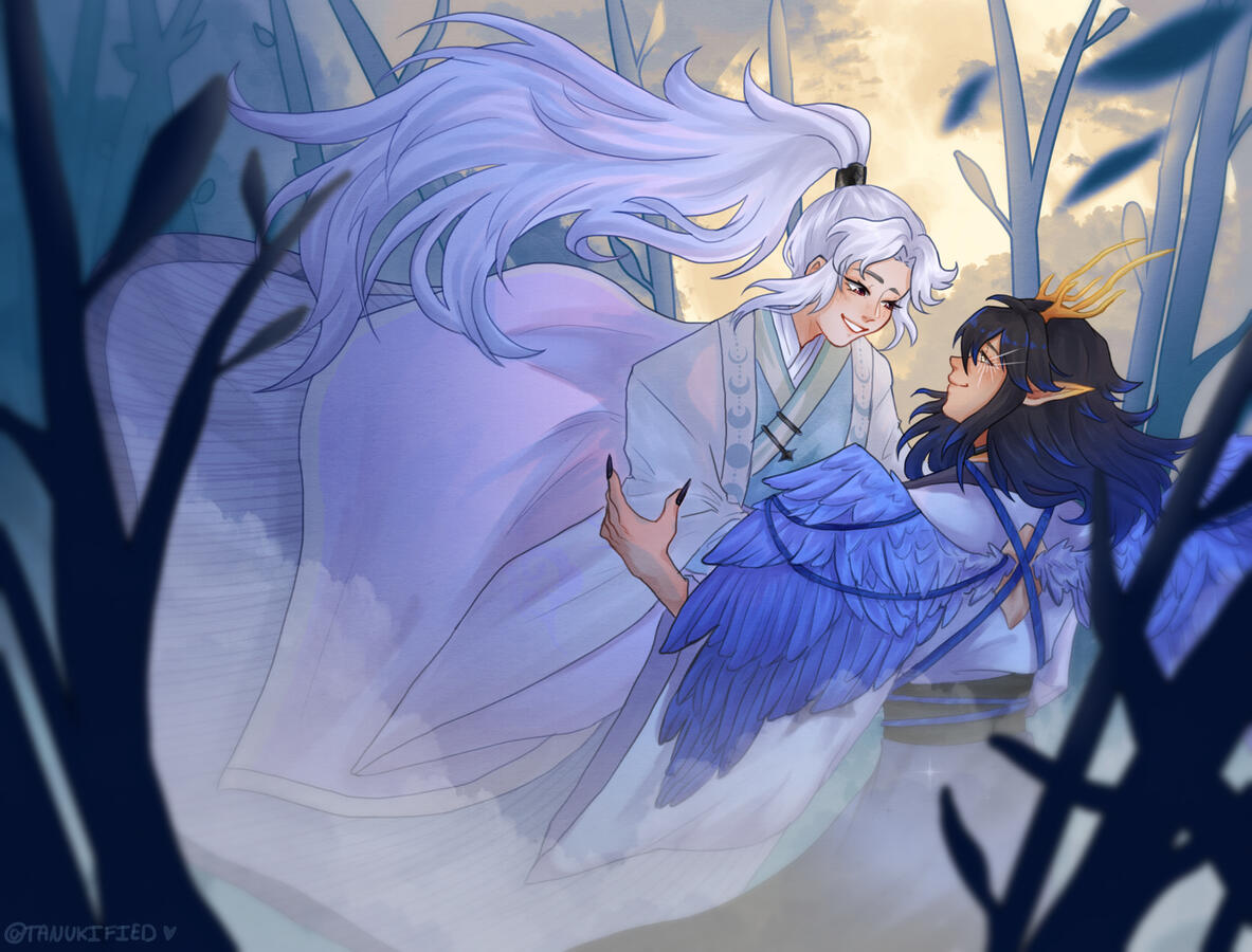 My original character, Jing Yue (white hair) and my friends character Huai Xing (black hair).