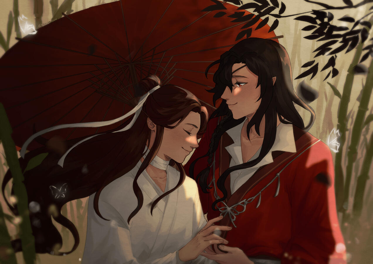Hua Cheng and Xie Lian from the book series Heaven Officials Blessing.