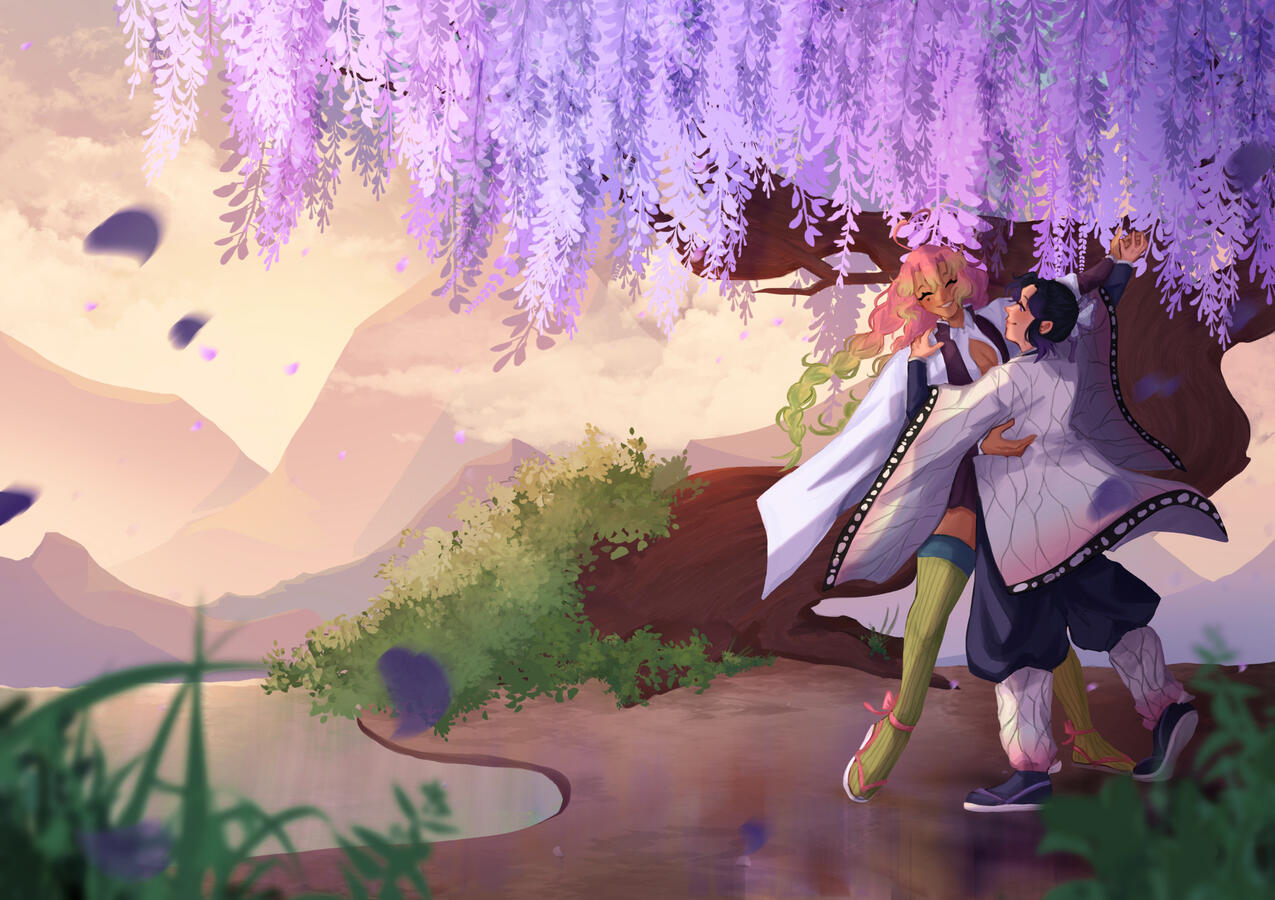 Shinobu Kochou and Mitsuri Kanroji from Demon Slayer, cover art done for the fanzine &quot;wisteria blossoms&quot;.